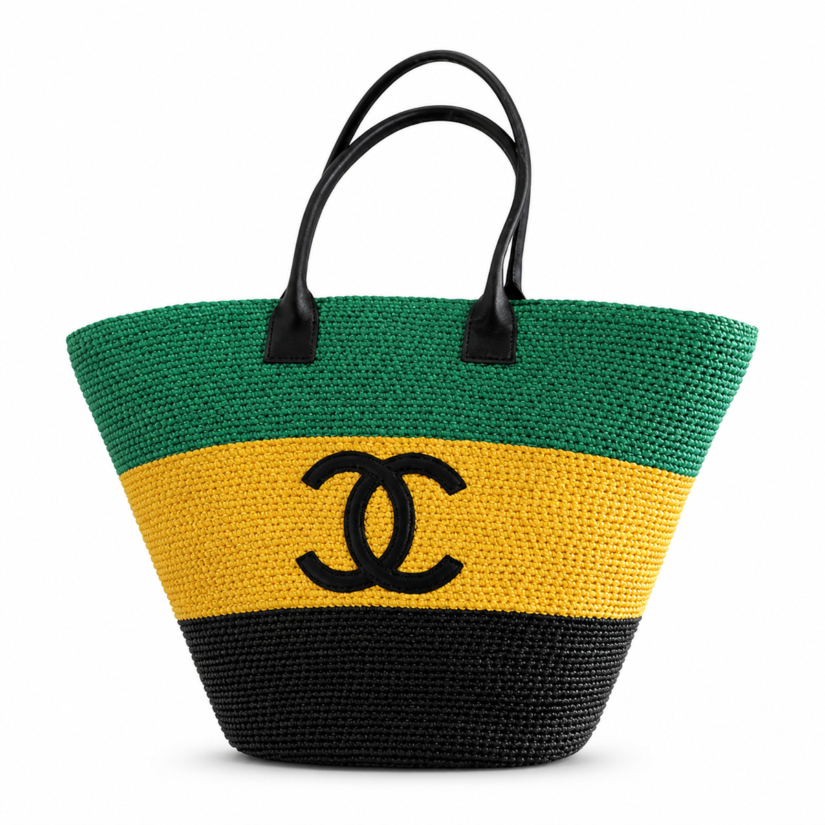 Chanel Striped Raffia Beach Tote Green Yellow Black CC