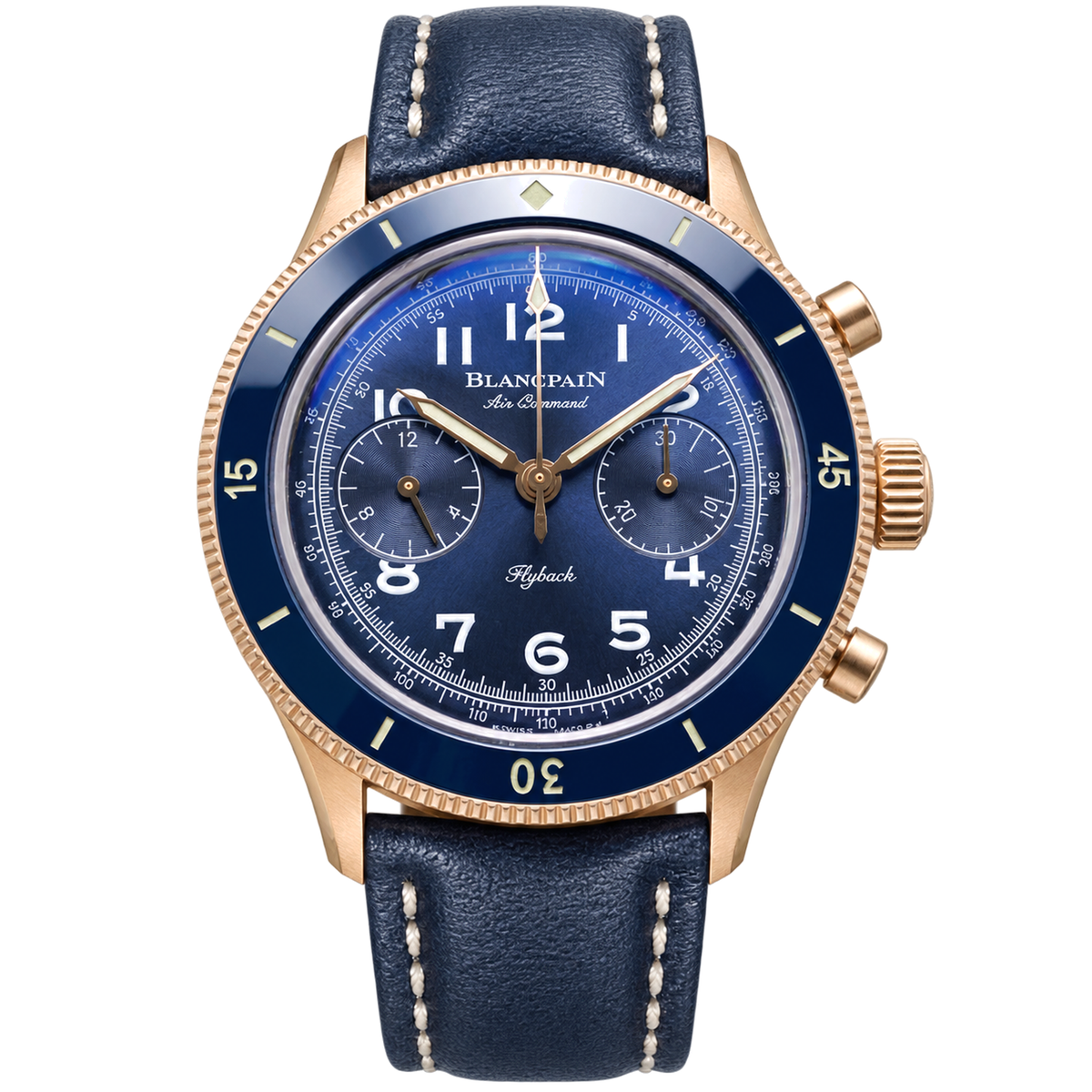 Blancpain Air Command Flyback chronograph rose gold blue dial blue ceramic bezel navy leather strap