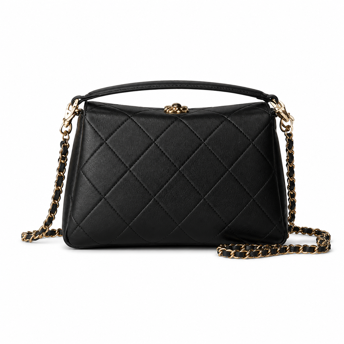 Chanel Black Quilted Lambskin Camellia Clasp Top Handle Bag