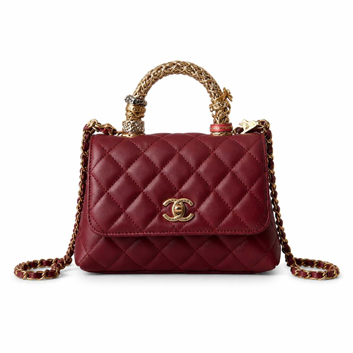 Chanel Burgundy Quilted Lambskin Mini Flap Charm Top Handle Antique Gold