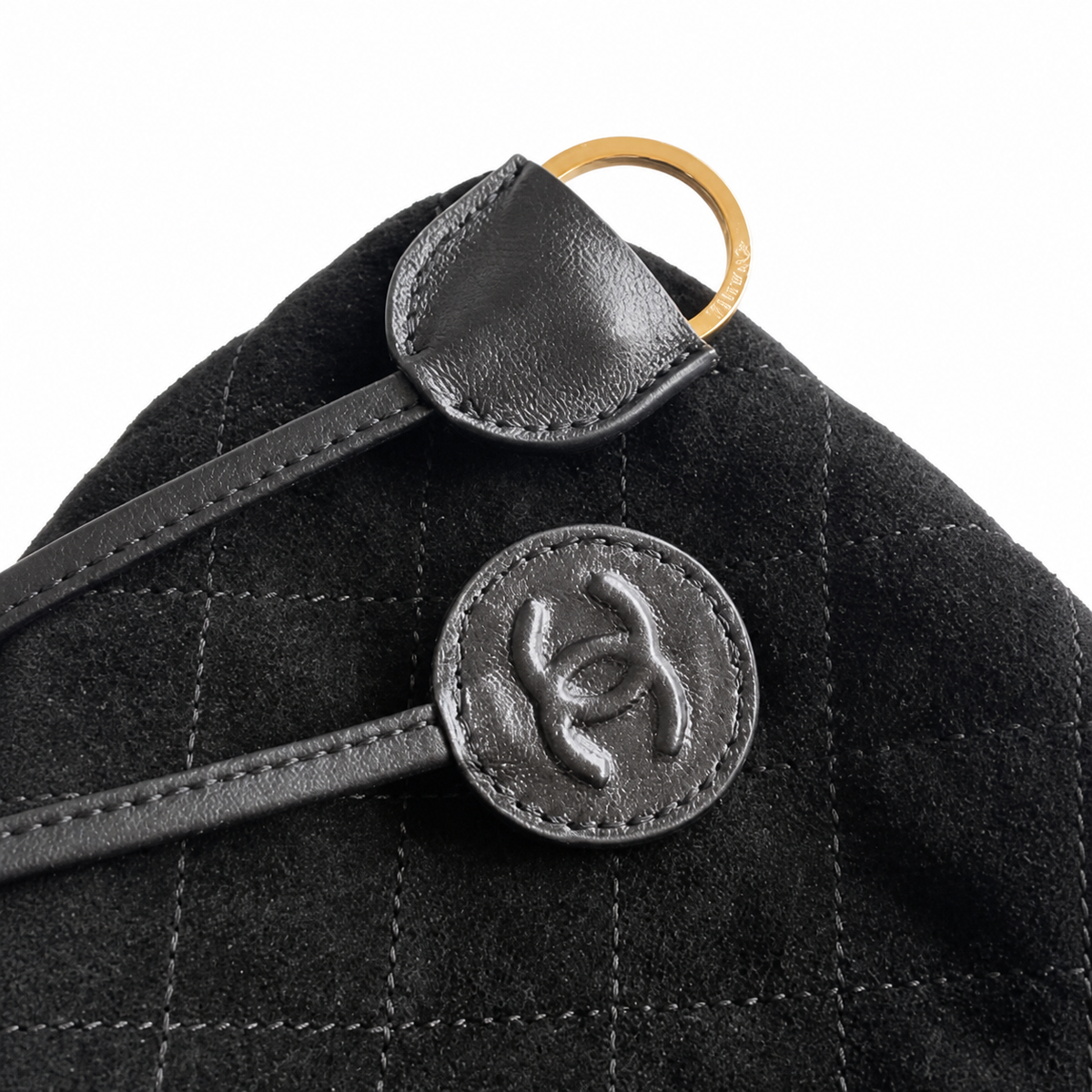 Chanel Quilted Suede Drawstring Bucket Bag Black Gold Hardware