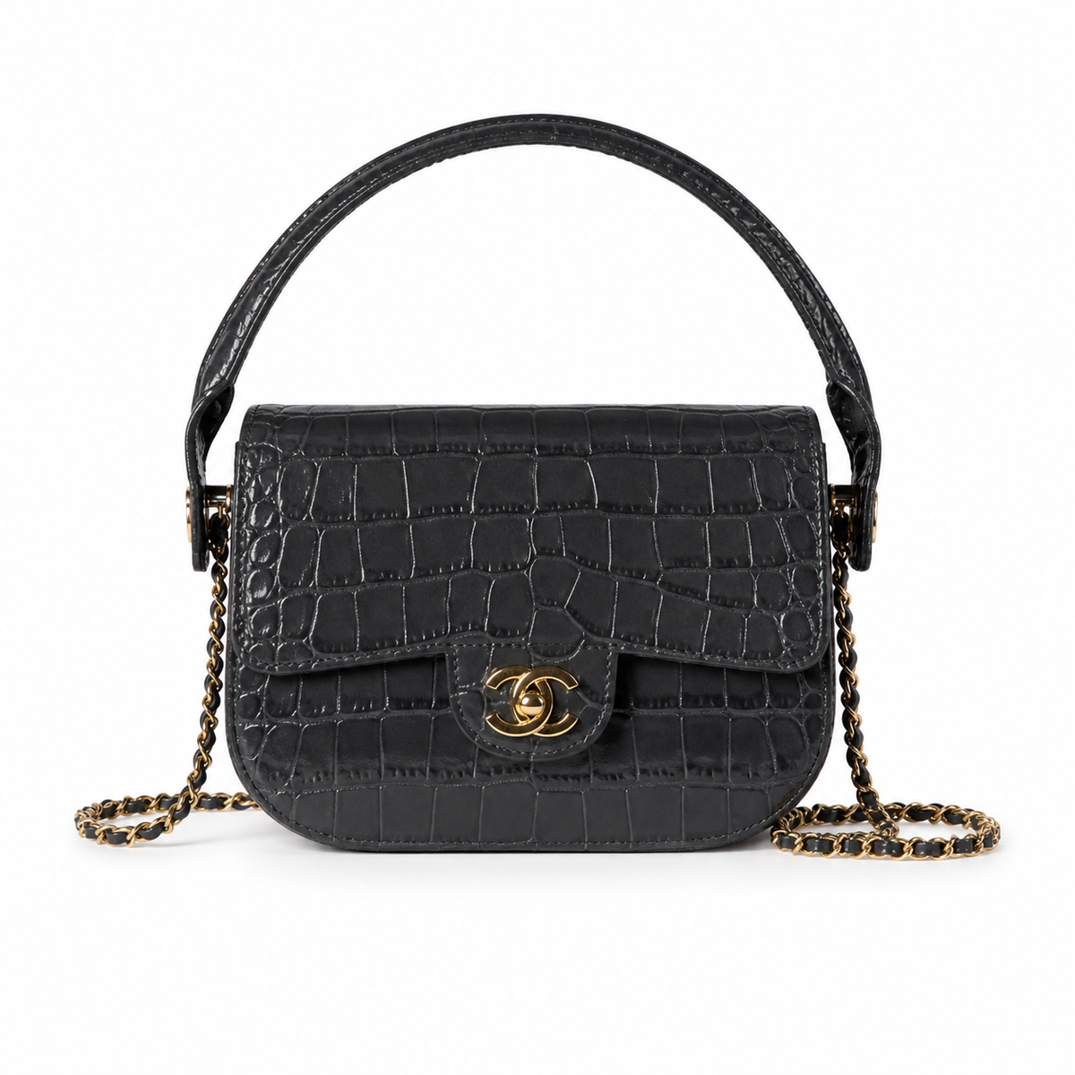 Chanel Mini Flap Croc-Embossed Black Top Handle Bag