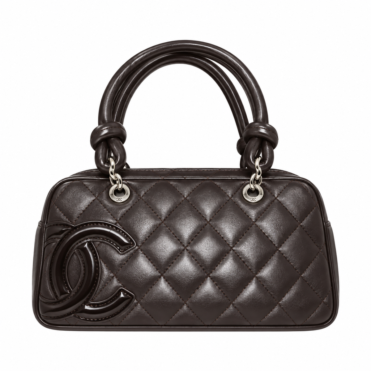 Chanel Cambon Dark Brown Quilted CC Bowler Bag Silver Hardware