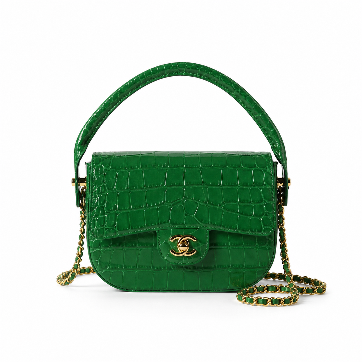 Chanel Mini Flap Croc-Embossed Emerald Top Handle Bag