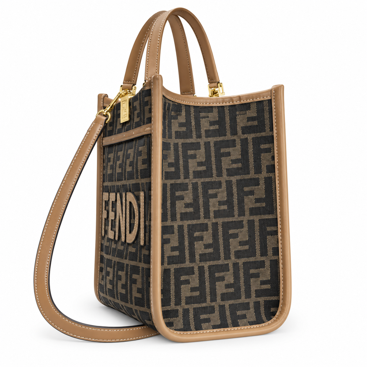 Fendi Sunshine Small Tote – FF Jacquard & Blush Calfskin Top Handle Bag