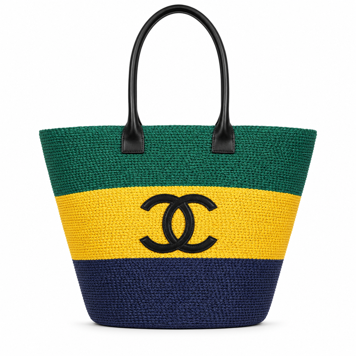 Chanel Striped Raffia Beach Tote Green Yellow Navy CC