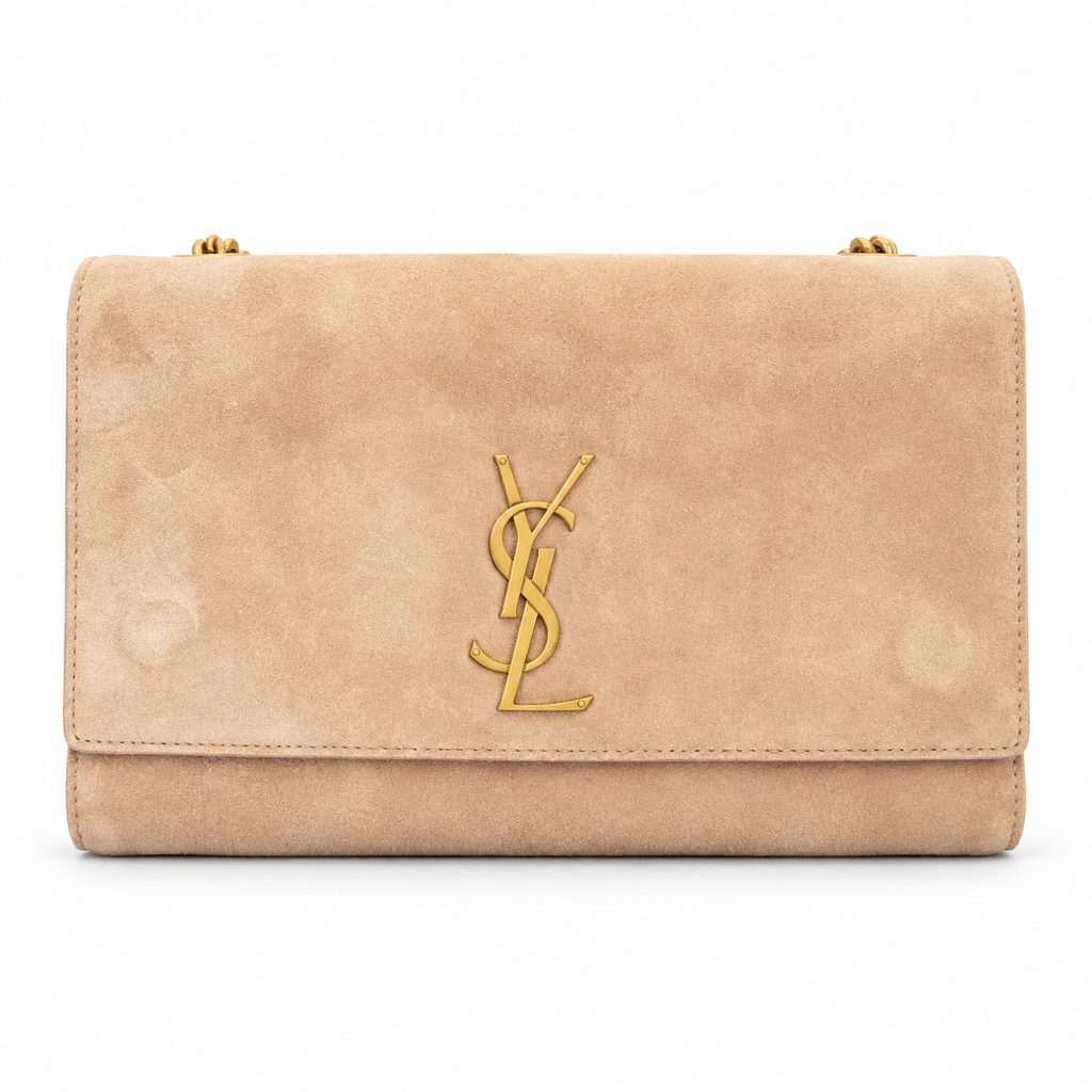 Saint Laurent YSL Kate medium chain crossbody bag in sand nude beige suede calfskin with oversized gold YSL monogram and gold curb chain strap