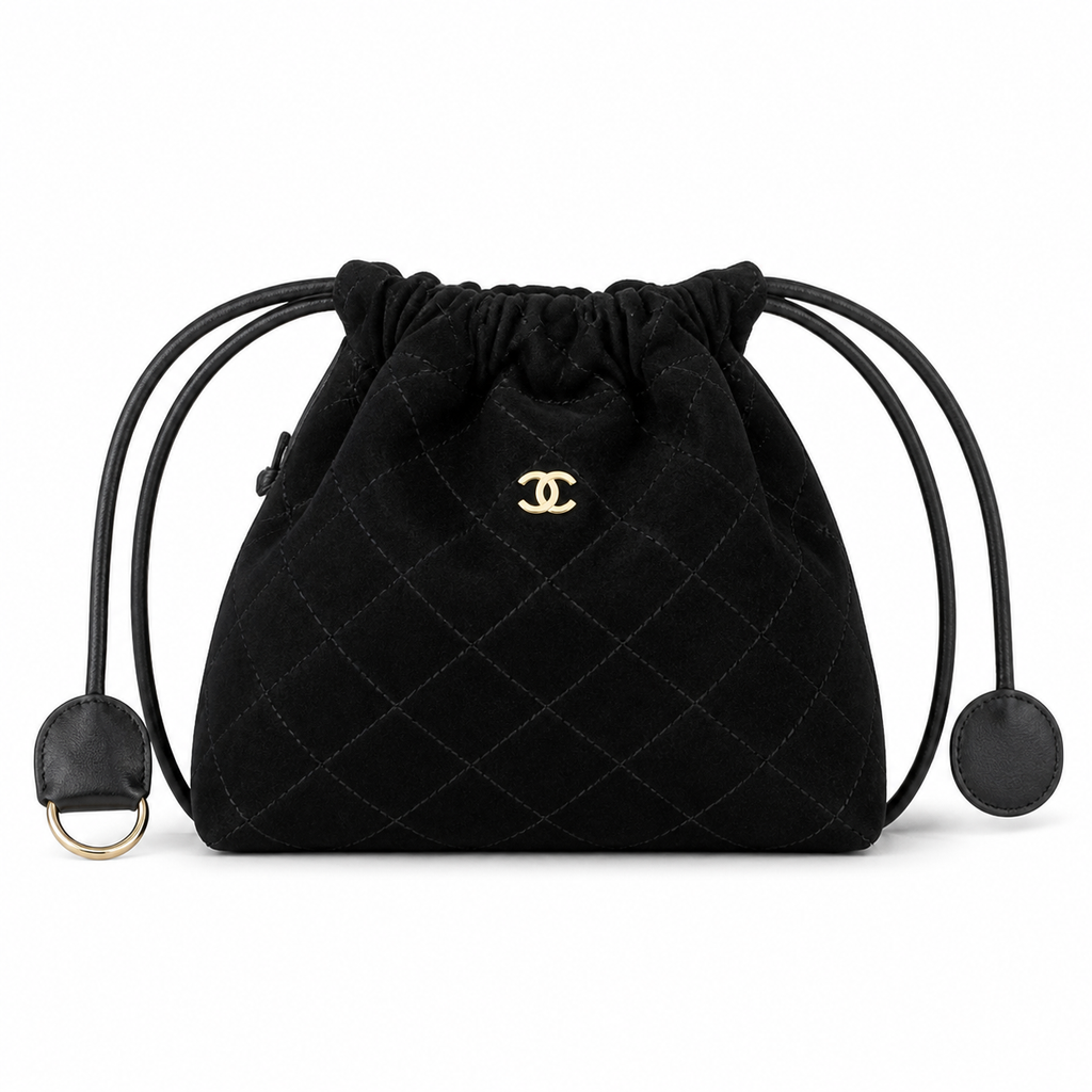 Chanel Quilted Suede Drawstring Bucket Bag Black Gold Hardware