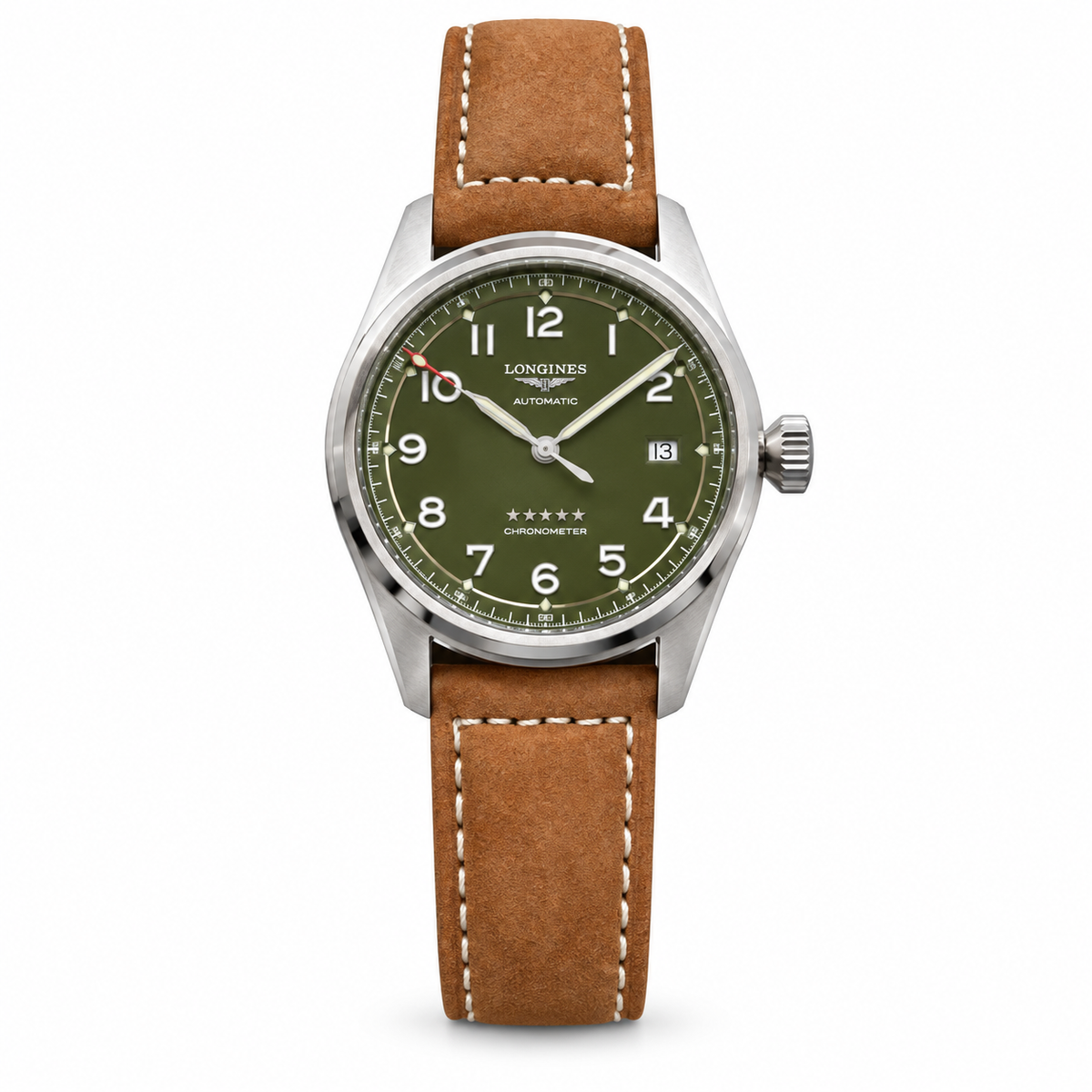 Longines Spirit Automatic Chronometer Watch – Olive Green Dial & Tan Leather Strap