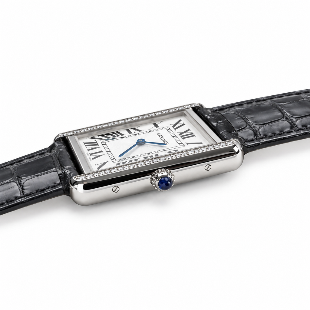 Cartier Tank Solo Small Stainless Steel Diamond Bezel White Dial Grey Alligator Strap Watch