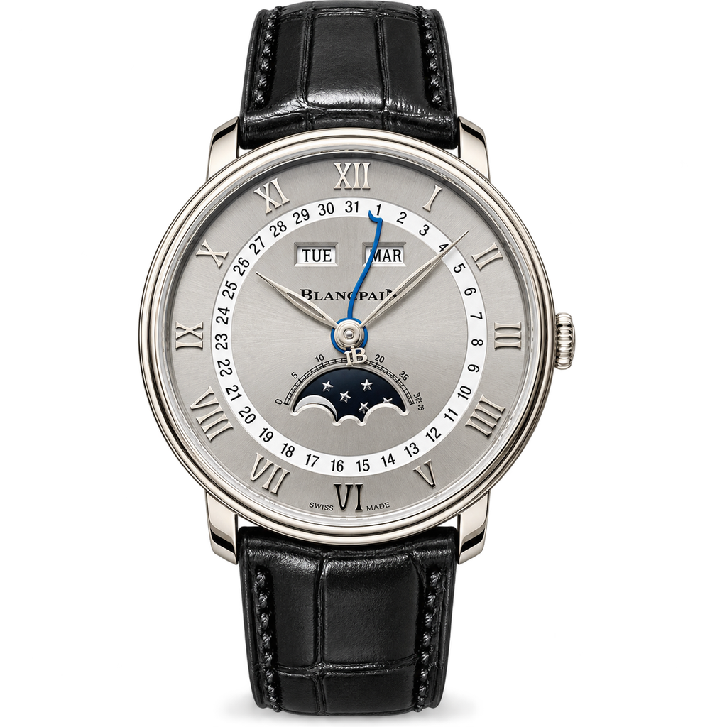 Blancpain Villeret full calendar moonphase stainless steel silvered dial Roman numerals blue steel hands peripheral date black alligator strap watch