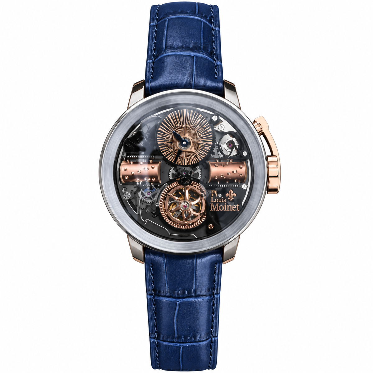 Louis Moinet Tourbillon 18K Rose Gold Sunburst Gear Flying Tourbillon Skeleton Black Dial Titanium Blue Alligator Leather Watch