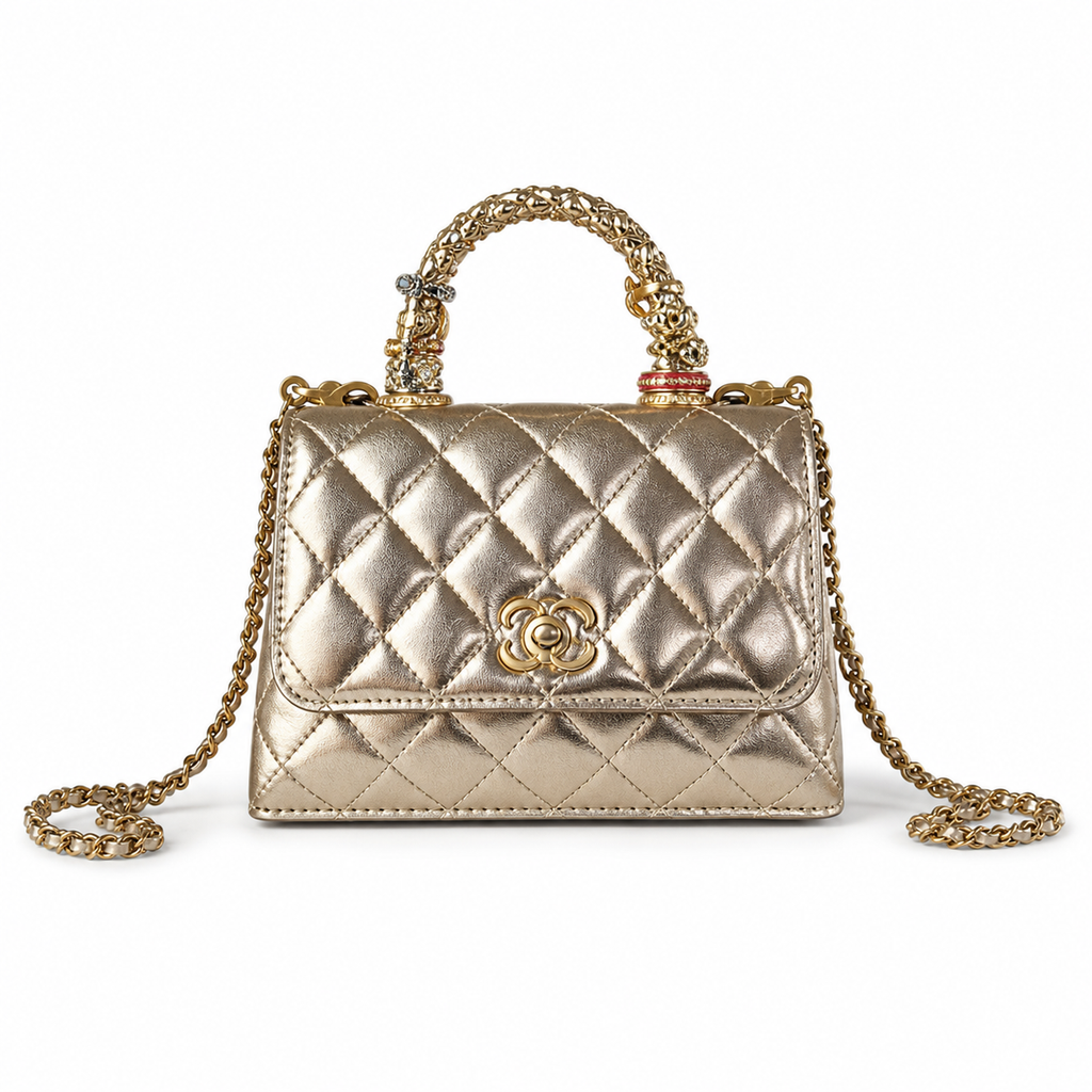 Chanel Gold Metallic Quilted Mini Flap Camellia Turn-Lock Charm Handle