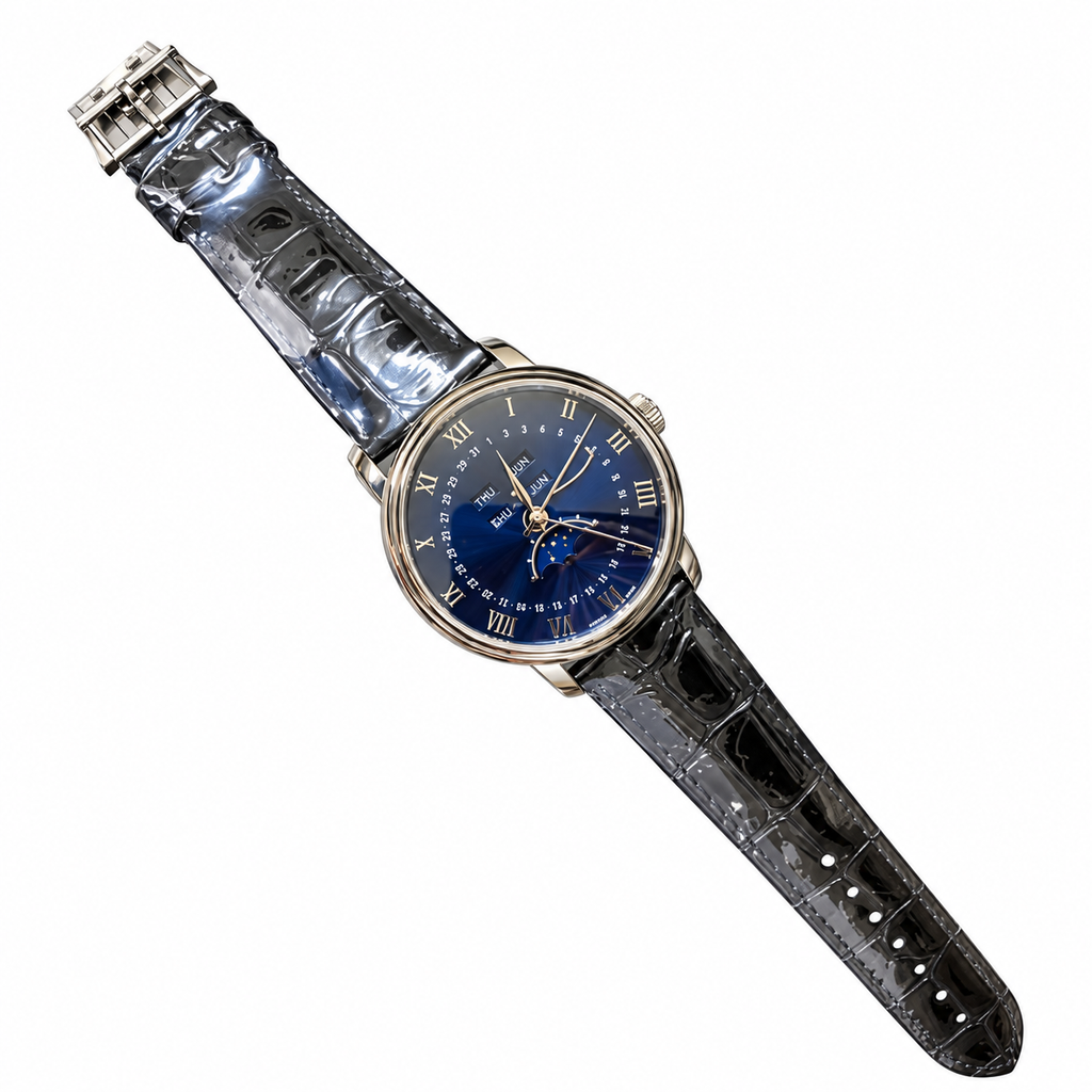 Blancpain Villeret Moonphase Full Calendar Rose Gold Blue Dial Grey Alligator Watch