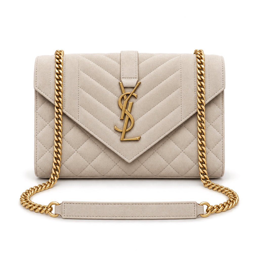 Saint Laurent YSL Envelope small chain crossbody bag in cream off-white chevron quilted suede with oversized gold YSL monogram and gold curb chain strap with leather shoulder pad
