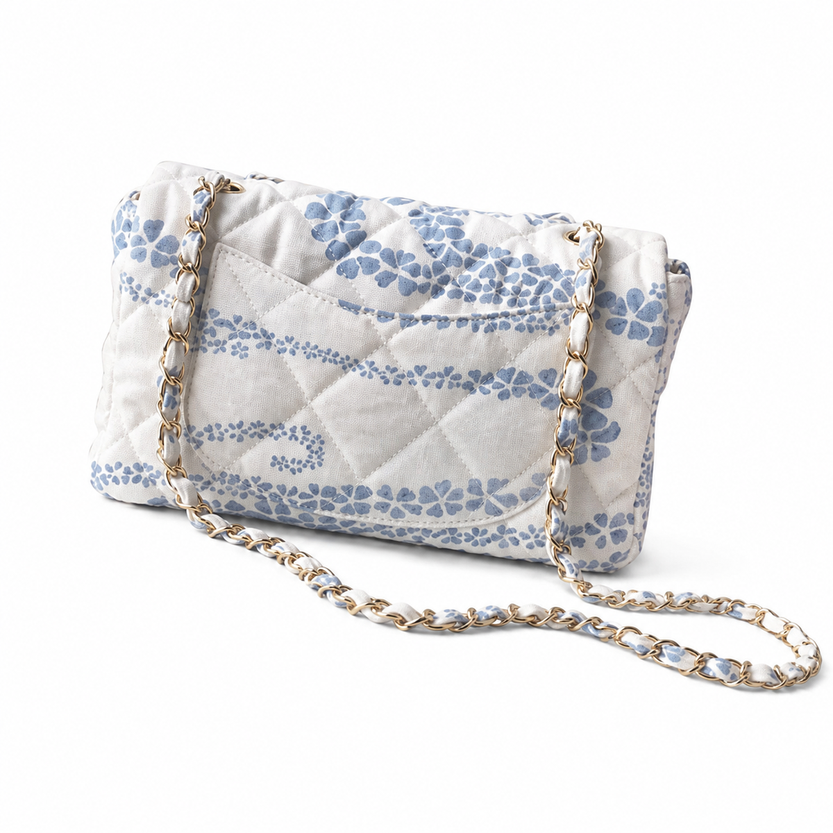 Chanel White & Powder Blue Floral Twill Jacquard Small Classic Flap Bag | Matching Floral Interior, Gold CC Turn-Lock & White Fabric Chain