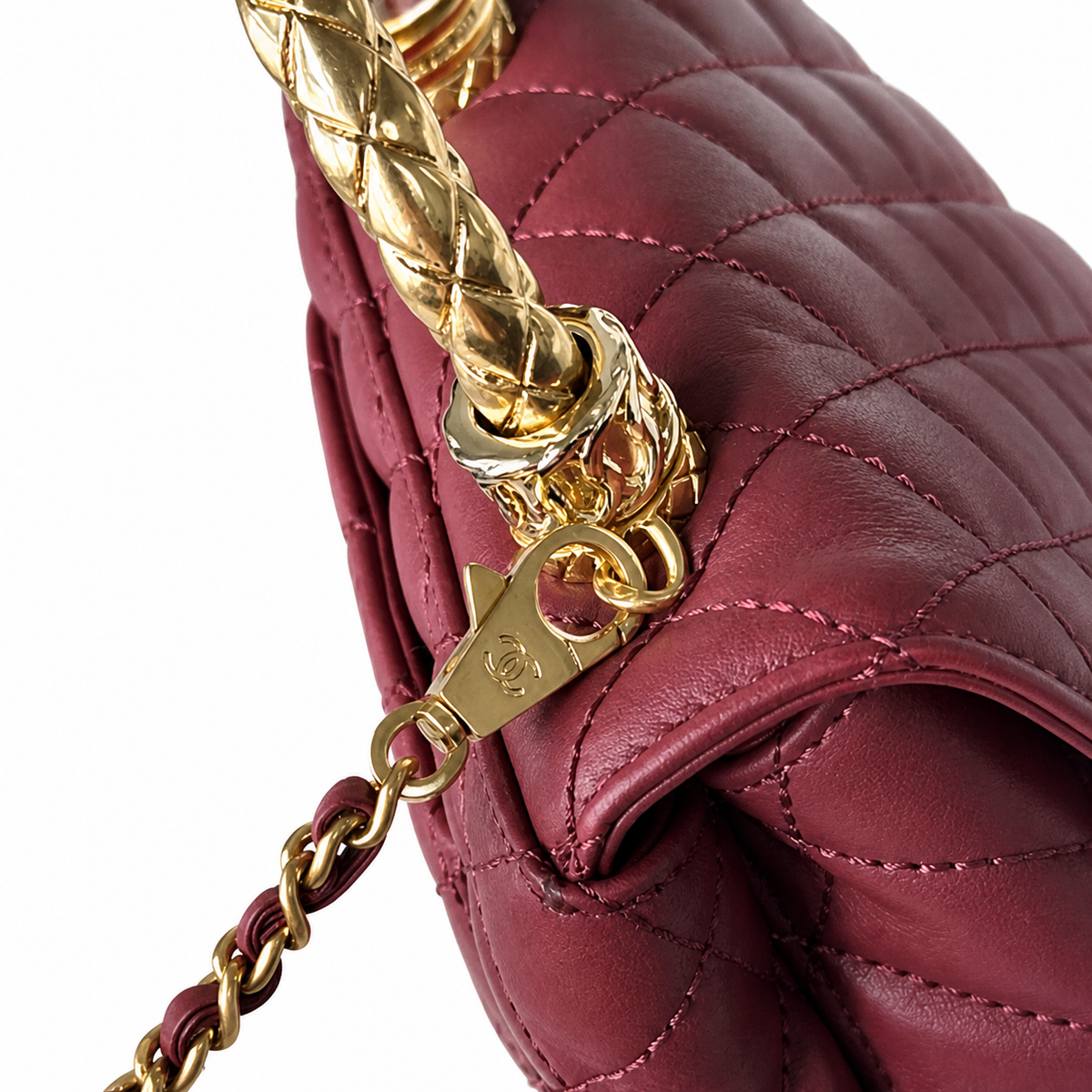 Chanel Burgundy Quilted Lambskin Mini Flap Charm Top Handle Antique Gold