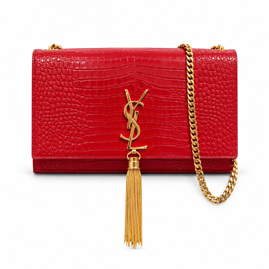 YSL Kate Tassel Chain Bag in red croc-embossed glossy leather with gold YSL monogram and dangling gold chain tassel, front view