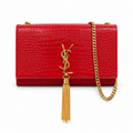 YSL Kate Tassel Chain Bag in red croc-embossed glossy leather with gold YSL monogram and dangling gold chain tassel, front view
