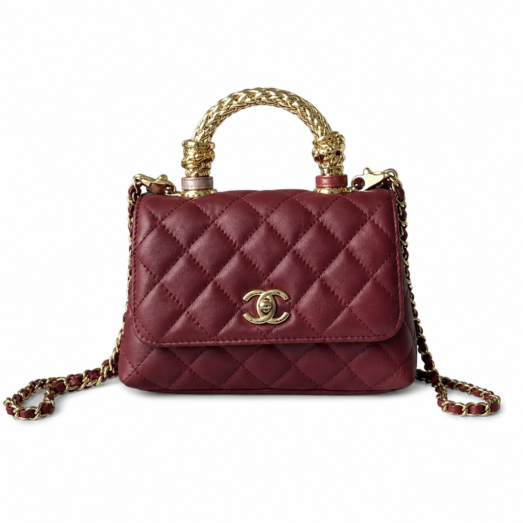 Chanel Burgundy Quilted Lambskin Mini Flap Charm Top Handle Antique Gold