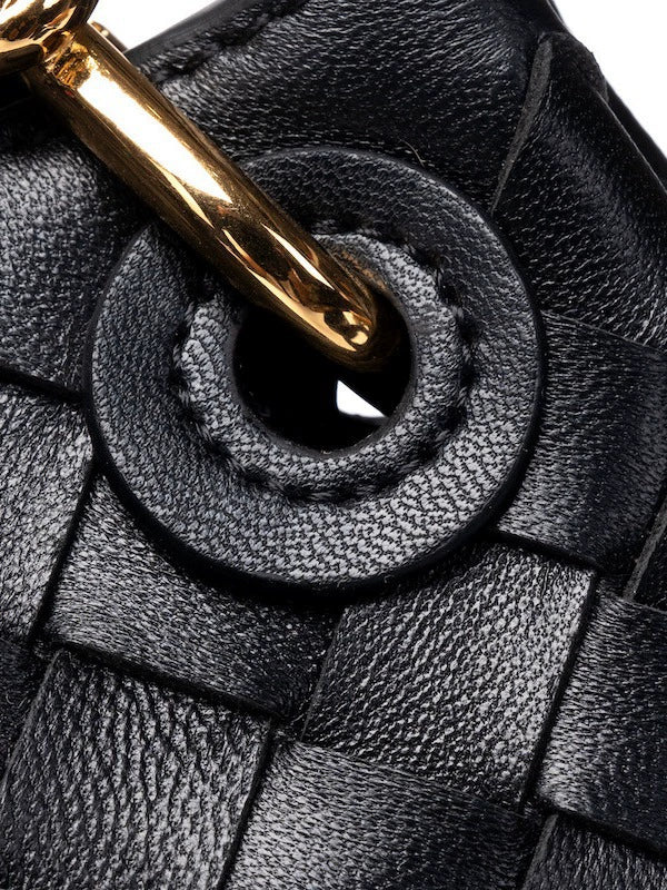 Black Woven Leather Mini Tote with Braided Rope Handles and Gold Hook